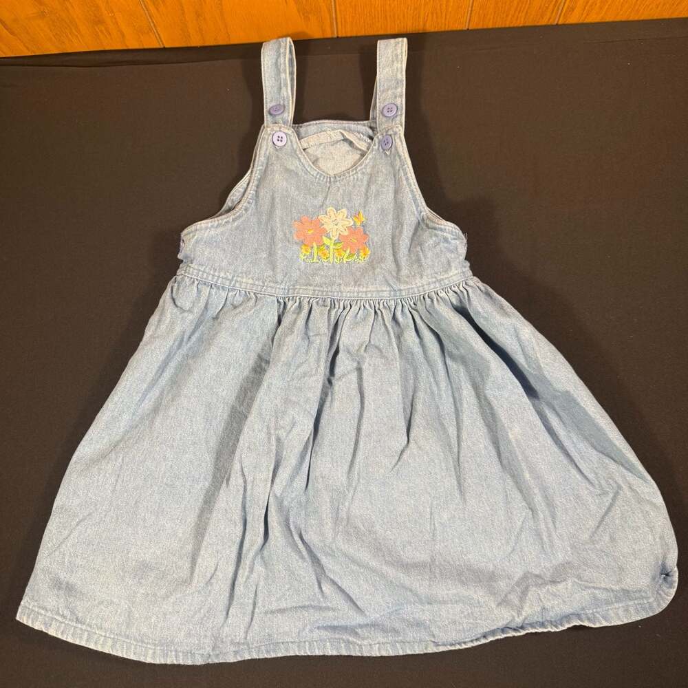 Girls Club by Hartstrings Denim Floral Embroidered Pinafore Dress Size XS (7)